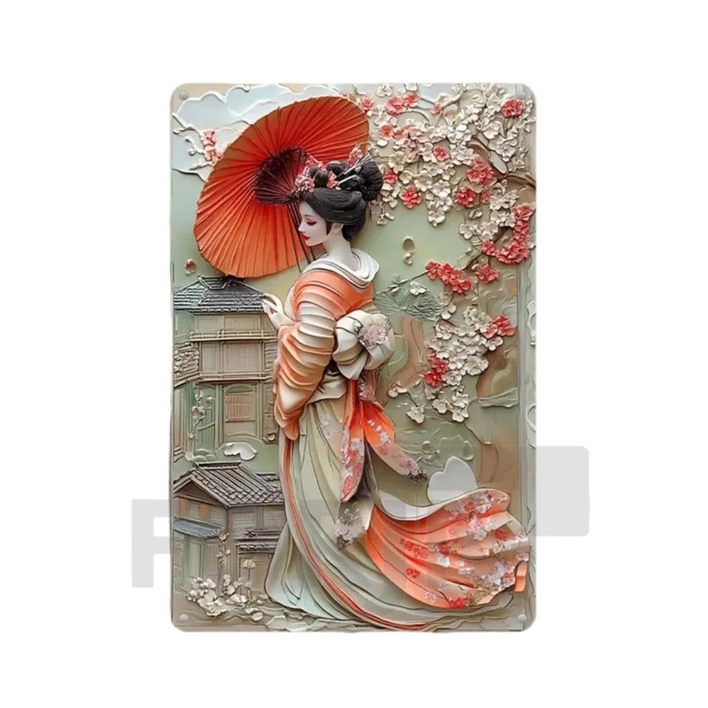 Panneau Métal Kimono Geisha Japonaise, Affiche Art Élégant Japon Fleurs de Cerisier 2D, Décor Mural Maison, Chambre, Bureau, Izakaya, café, Studio