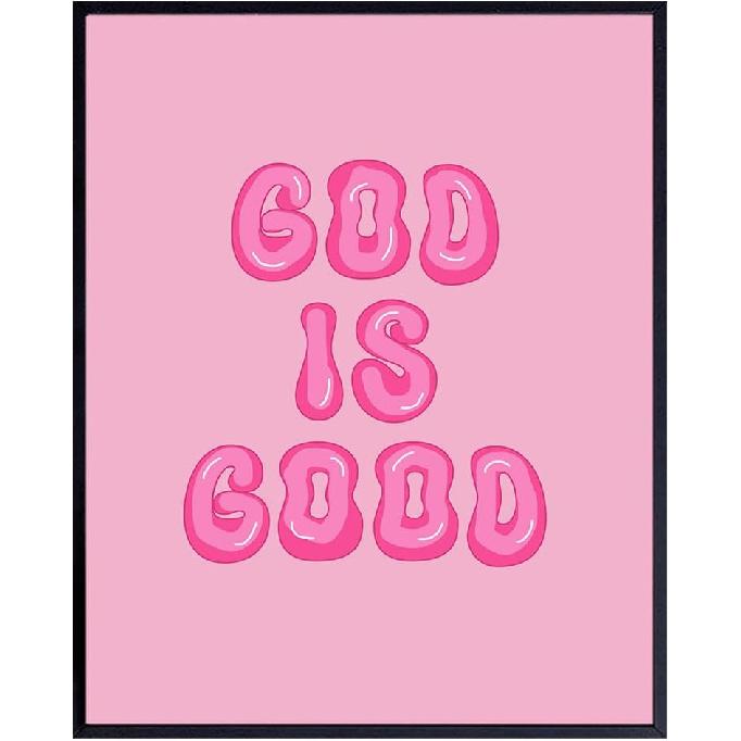 Pink Preppy Christian Wall Decor - God is Good Aesthetic Wall Decor for Women, Woman, Teen Girls - Vintage Retro Religious Gifts - Funky Chic Home