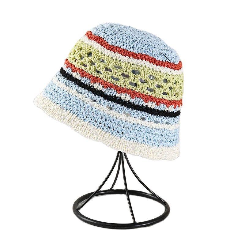 Summer Hollow Bucket Hat Colorful Stripe Sun Hat  Japanese Colorblock Bohimian Fisherman Hat Travel Beach Panama Cap Mom Gift
