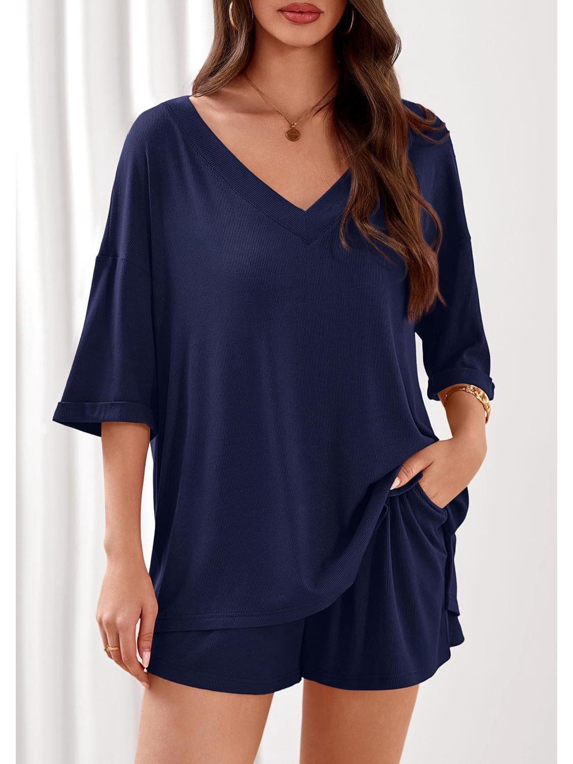 

2026 European & American Two-Piece V-Neck Top and Shorts: Casual Summer Travel Beachwear for Women Double Extra Large темно-синий