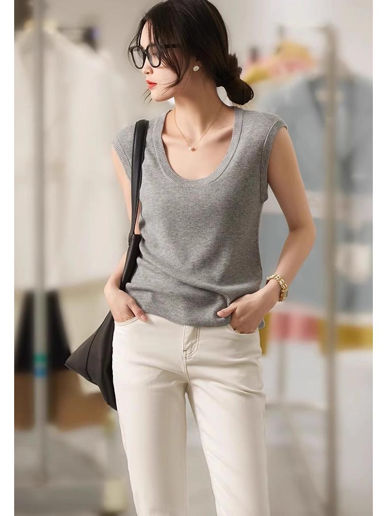 

Летняя женская футболка с U-образным вырезом, из шерстяного трикотажа, с рукавами-крылышками - Универсальная тонкая футболка с коротким рукавом, однотонная Large