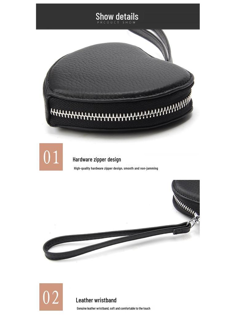 Geldbörse aus Rindsleder in Herzform im koreanischen Stil: Niedliche Echtleder-Geldbörse für Münzen, Kopfhörer, Lippenstift und mehr