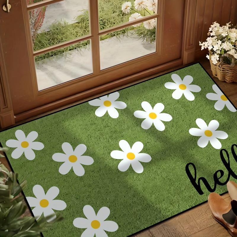 1pc Daisy Welcome Mat,Green Flowers Spring Doormat NonSlip Entryway Rug Living Room Bedroom Kitchen Washable Indoor Floor Mat