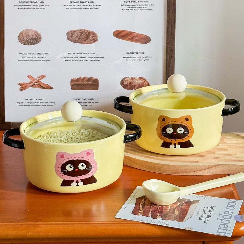Cute cat ceramic instant noodle bowl with lid student dormitory instant noodle bowl large capacity snail powder personal special bowl