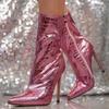 Women Sexy Pointed Toe Thin High Heels Silver Ankle Boots 2025 Fashion Metal Side Zipper Mid-calf Ladies Boots Botas Mujer Goth