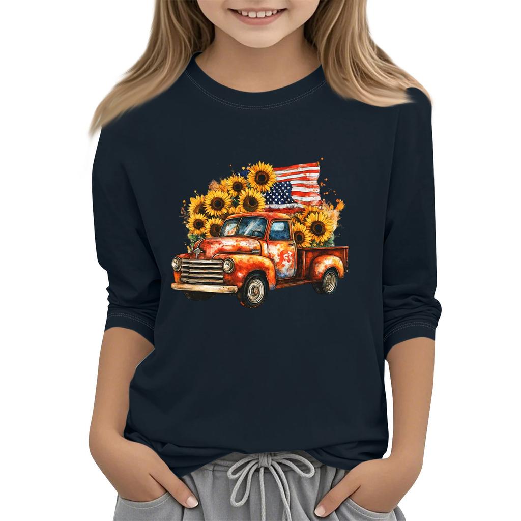 Tricou casual cu mâneci 3/4 pentru copii, cu gât rotund și imprimeu pentru Ziua Independenței