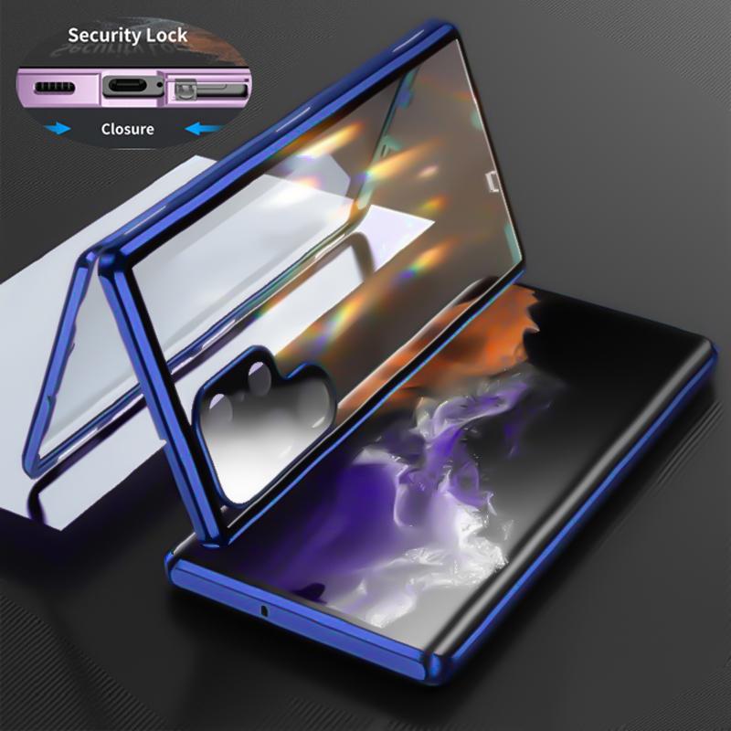 Metalowa dwustronna szklana obudowa z zatrzaskiem 360 pełna ochrona do Samsung Galaxy S22 S23 Ultra S23 Plus osłona obiektywu