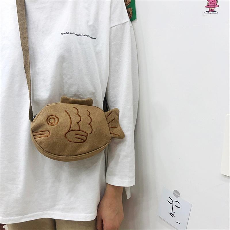 Cute Canvas Messenger Bag Korean Style Embroidery Creative Cartoon Ugly Fish Shape Shoulder Bag For Women Purse Messenger Bags
