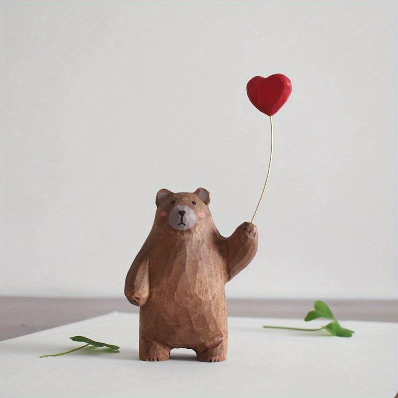 Handcrafted Wooden Bear Figurine with Heart Balloon Charming Desktop Decor, Artisanal Wood Carving,Cute Animal Design,Ideal Gift for Special Occasions