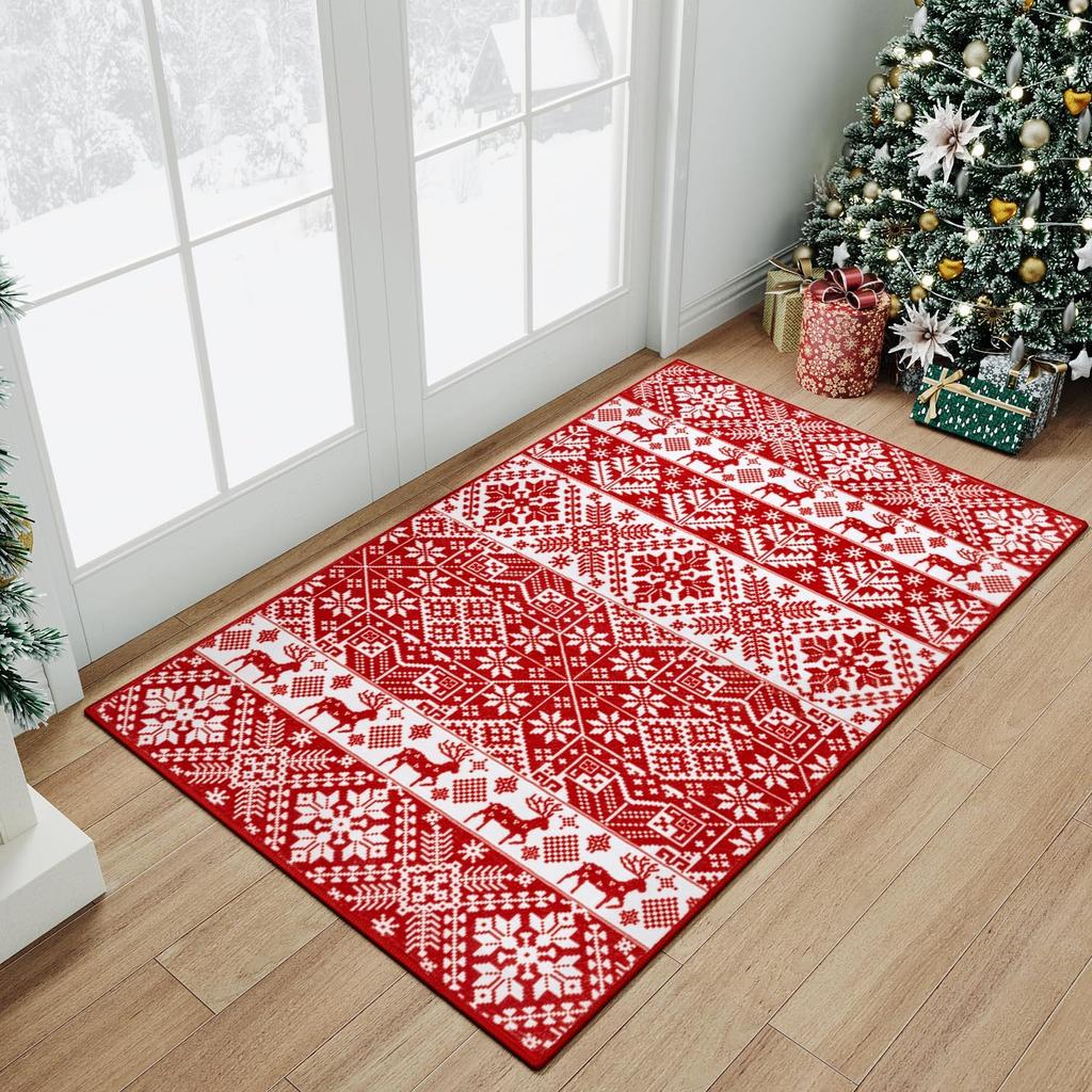 Christmas Large Area Rug Living Room Rug Machine Washable Rugs Low Pile Carpet Indoor Door Mat Red/White Non-Slip Snowflake Rug