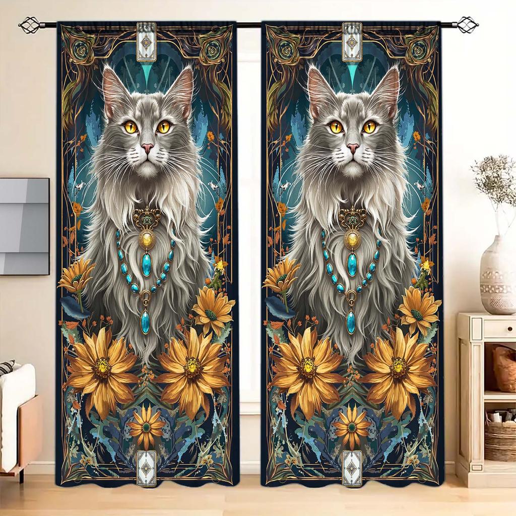 2 Panels Retro Cute Pet Cat Pattern Window Curtains - Heat-insulating   Suitable for Decorating Curtains In Various Rooms