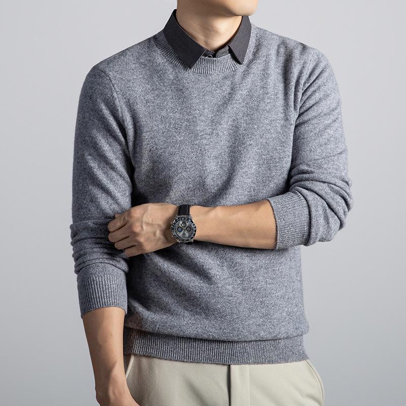 Męski gruby wełniany sweter z dekoltem w serek i klapami 2025 - Fason udający dwie części, dzianina biznesowa