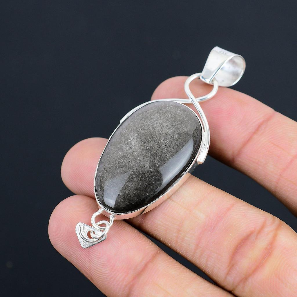 Sisters Day Deal 925 Sterling Silver Oval Natural Silver Sheen Obsidian Pendant