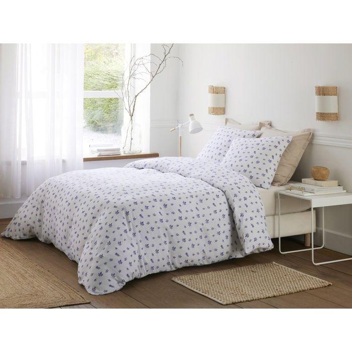 Housse De Couette + Taies - Loucas - Gaze De Coton - 240 X 260 Cm - Motifs Feuillage Bleu