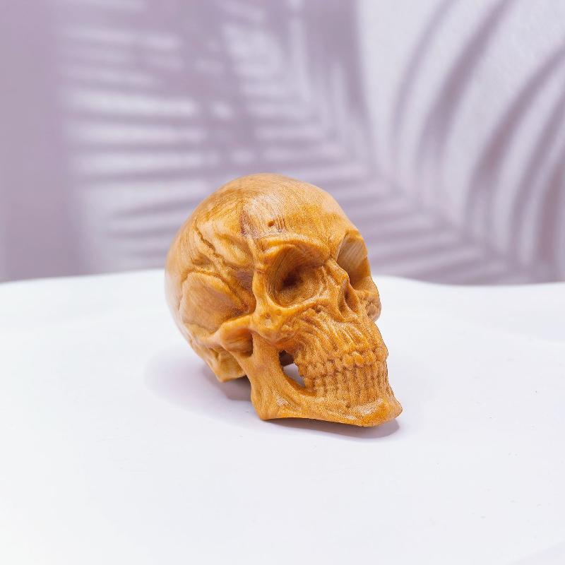 Natural Cypress Engrave Skull Decor Small Statue - Halloween Decoration Party Decoration Props Home Room, Car Bar Decoration
