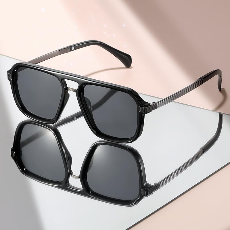 Retro-style simple double-beam flat-top flat mirror metal temple, versatile decorative sunglasses for daily wear