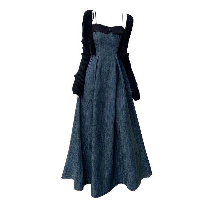 Spring & Autumn Color Block Denim Strappy Slim-Fit Long Dress