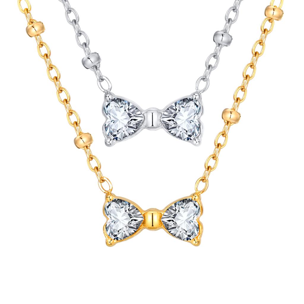 Stainless Steel Bead Chain Zircon Bow Necklace,Brilliant Cubic Zirconia Bow Pendant Necklace for Bridal Wedding Accessories
