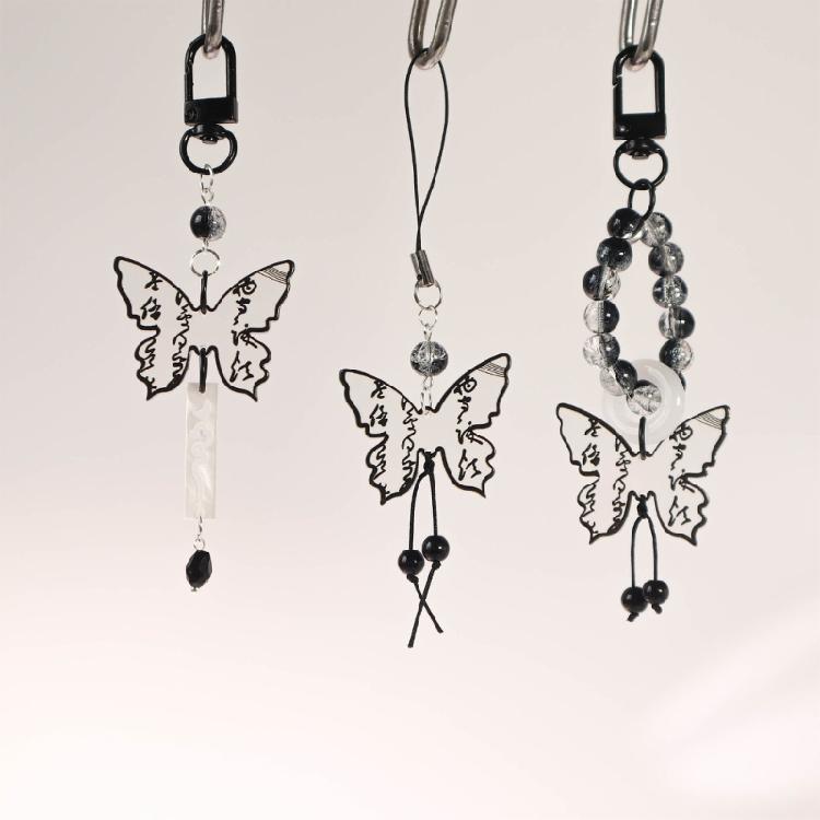 Black Butterfly Bead Pendant Phone Charm Straps Y2K Lanyard Purse Accessories