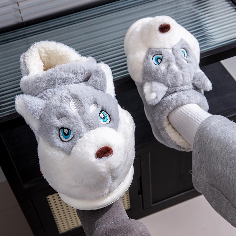 Men's Winter Cartoon Husky Cotton Slippers - Indoor Warm Plush Furry Heel for Couples