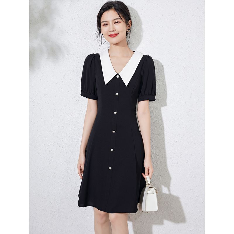 

Элегантное платье с воротником-куклой, лето 2025, поступление новинки, женская одежда, рукава-буфы, женственное, стройнящее, черное платье в стиле Хепберн Black M