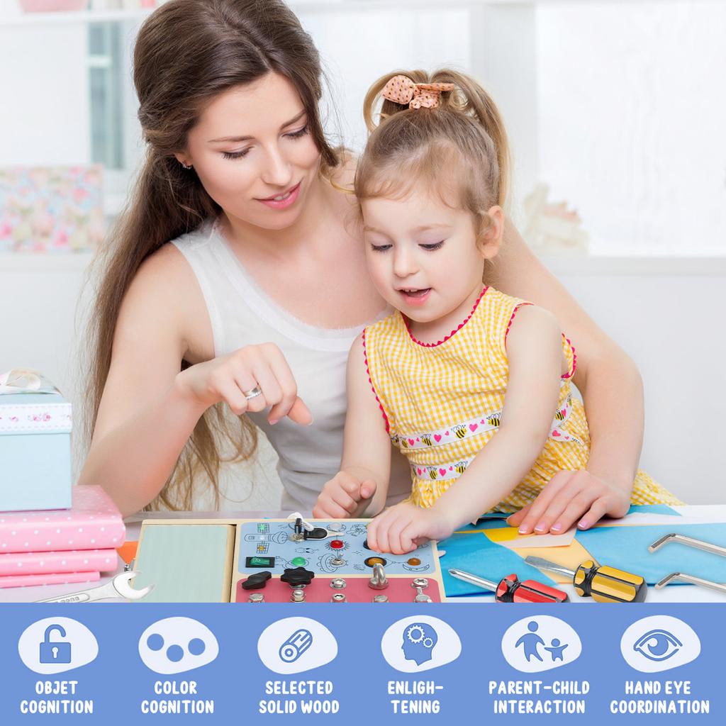 Montessori Wooden Busy Board with LED Light Switches, Sensory Toys Light Switch Fidget Board Travel Toys for Toddler