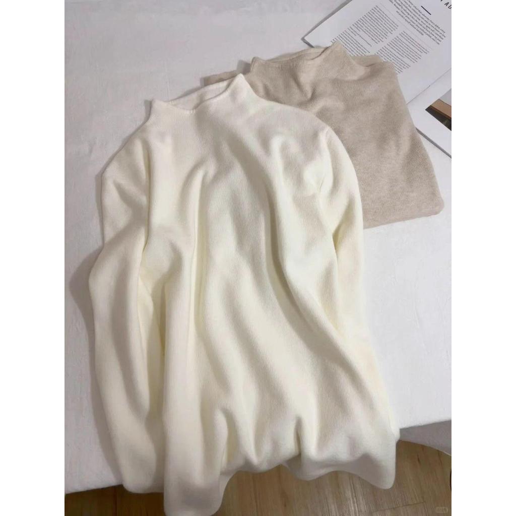 Women's Elegant Korean Style Half High Neck Knitted Sweater, Solid Color Pullover, Long Sleeve, Intellectual and Classy Temperament.