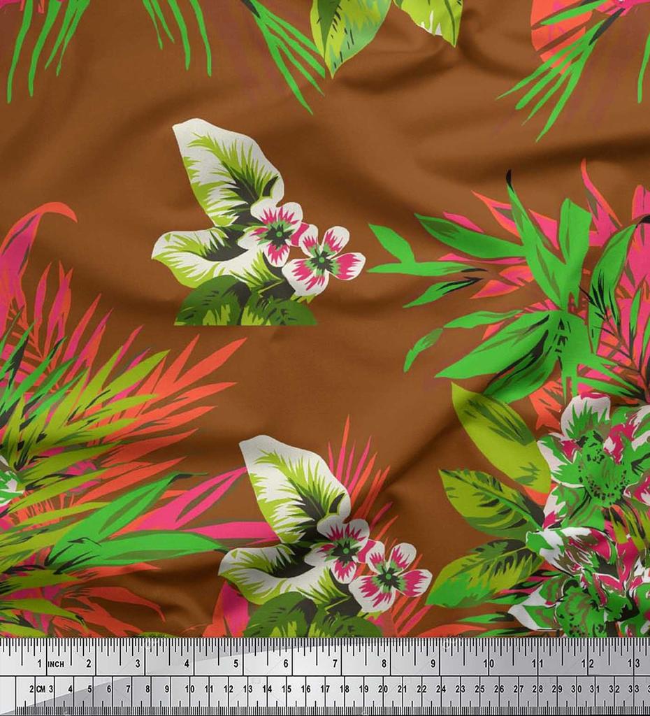 Soimoi Cotton Cambric Fabric Leaves & Lily Flower Print Sewing Fabric Metre 42 Inch