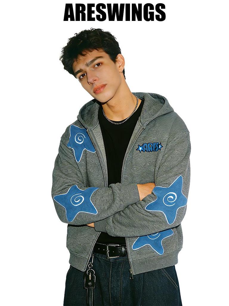 ARES 26 Heavyweight Fleece-Lined Men's Swirl Star Zipper Cardigan Hoodie - Embroidered, 400g Spring Style