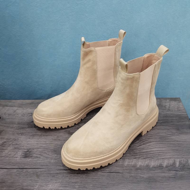 FOREADA Women Genuine Leather Chelsea Boots Round Toe Thick Mid Heels Platform Short Boots Ladies Fashion Shoes Autumn Winter Black