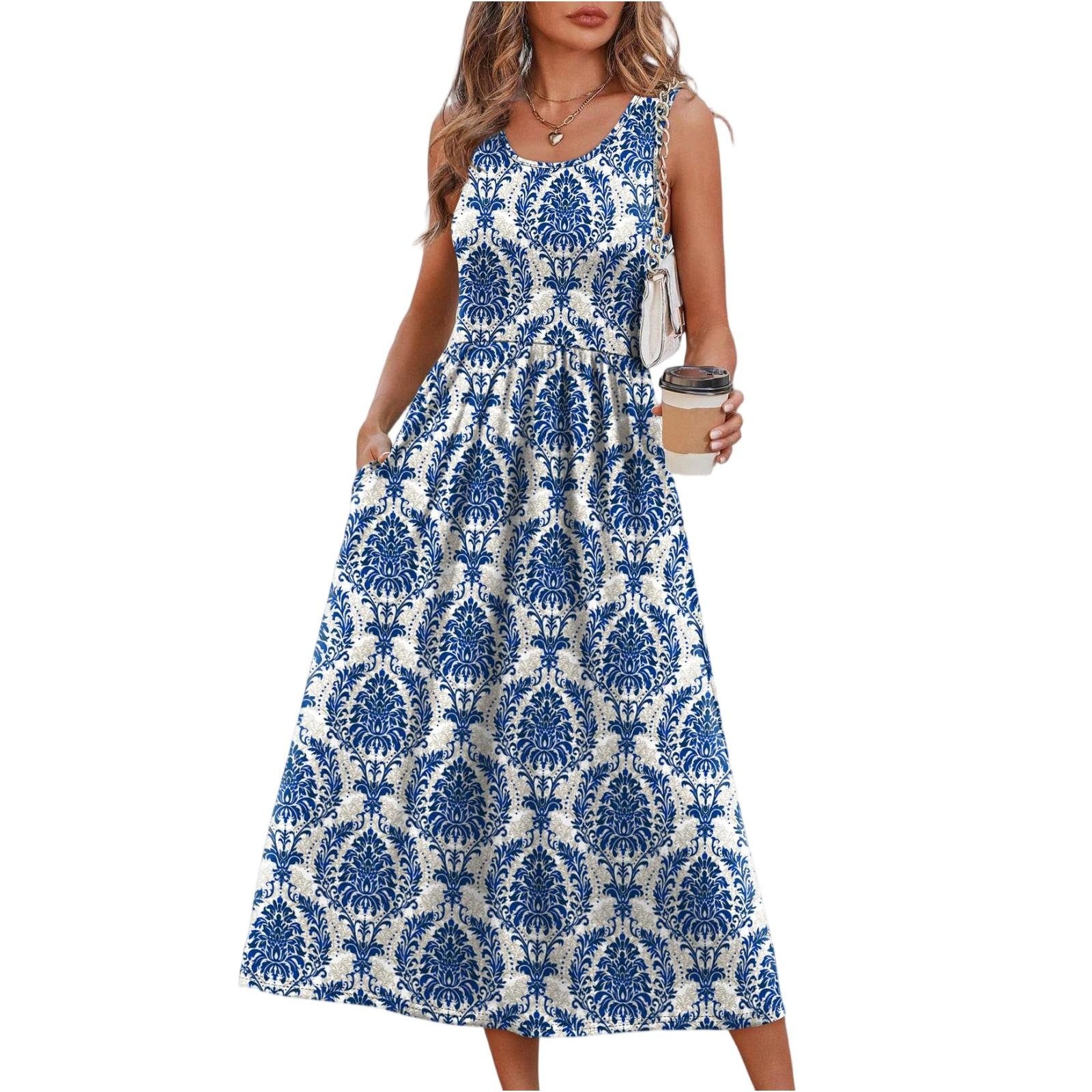 

Summer Dresses For Women Flowy Casual Midi Dress Beach Vacation Sundresses With Pockets XXL синий
