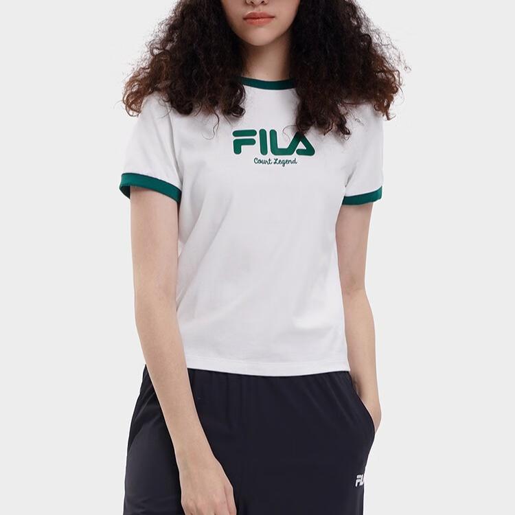 FILA Color Block Casual Tennis Ribbed Printed Short Sleeve T-Shirt Women Tops Cloud-White F11W339105FWT