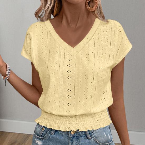 

Women Tops V-Neck Short Sleeve Jacquard Decoration Pullover Tops Solid Color Loose Fit Elastic Hem S рожевий