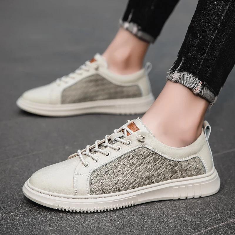 High Quality Men'S Summer New Two-Layer Cowhide Mesh Breathable Board Shoes With Fashionable Lace Up Outdoor Low Top Men'S Shoes