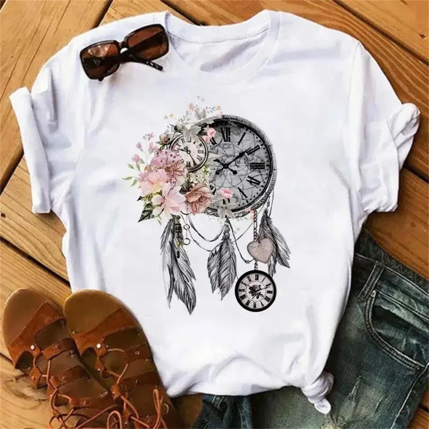 

Fashion Dream Catcher T Shirt Women Men Harajuku Graphic Print T Shirt Fashion Crew Neck Short Sleeve Plus Size T Shirt Unisex XXXXXL білий