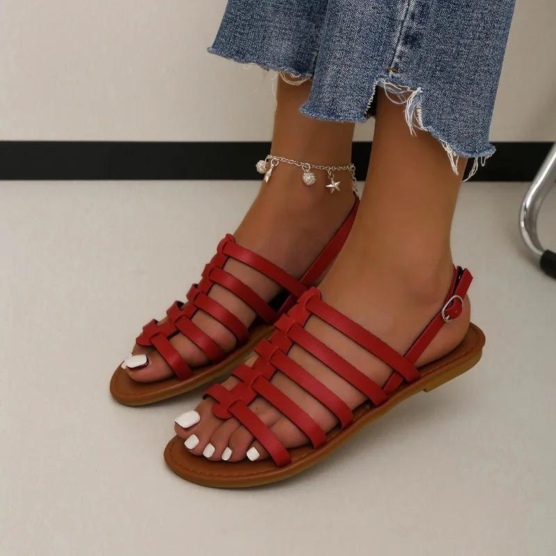

Fashion Women s Fashion Soft Soled Sandals Summer New Round Head Open Toe Thin Belt Anti-slip Wear-resistant Flat Shoes 43 красный