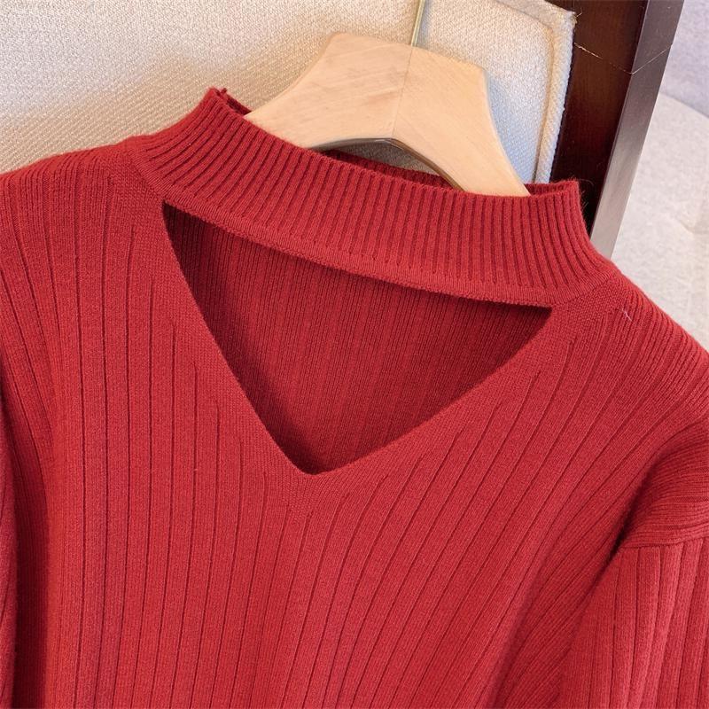 Übergröße Gestricktes V-Ausschnitt Langkleid - Koreanische Mode, Herbst/Winter, Lockere Passform, 3XL