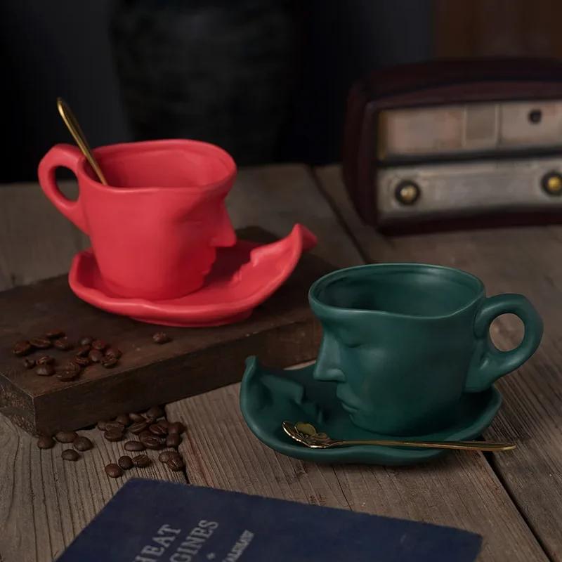 European Style Bar Creative Gift Sculpture Couple Mug Exquisite Matte Ceramic Coffee Cup and Saucer Set