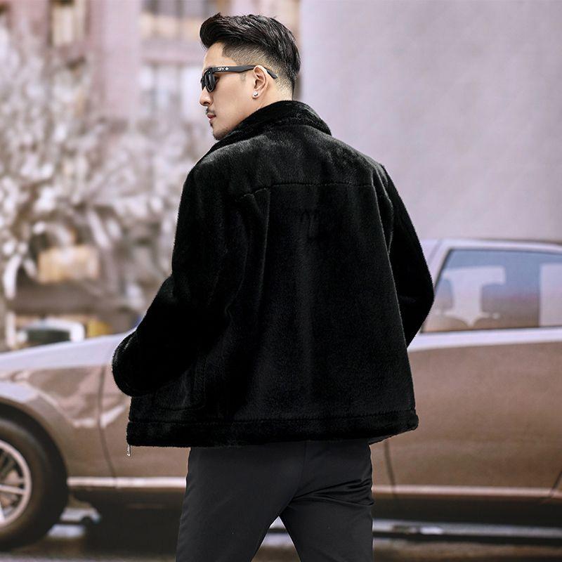 Casaco Quente de Inverno, Jaqueta de Pele Haining, Casaco de Veludo Mink com Escultura de Água, Casaco para Homens de Meia-idade com Lapelas Espessas