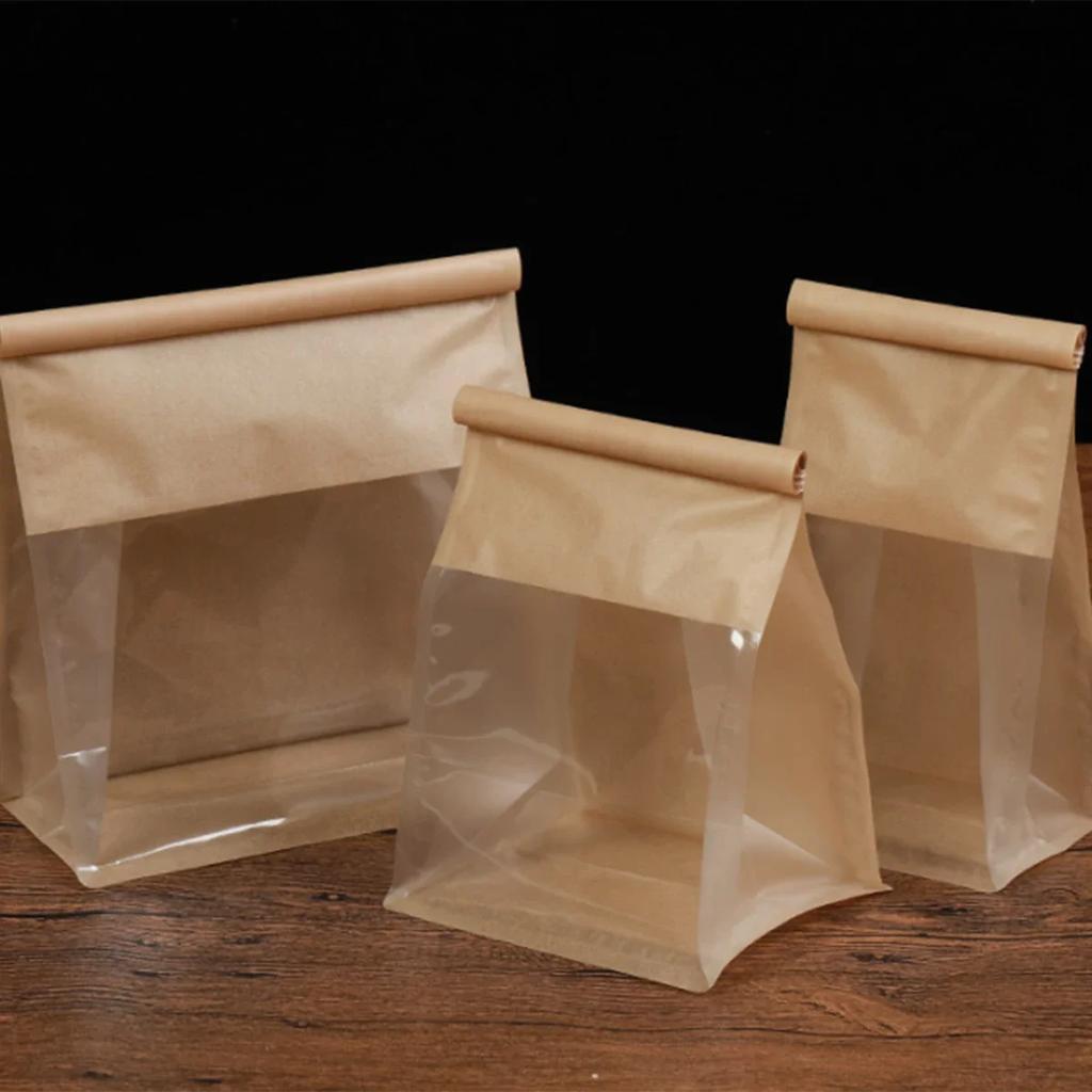 10pcs Kraft Paper with Window Bread Packaging Bags Oil-proof Breakfast Cookie Breat Supplies Party Food Toast Clear Celebrate
