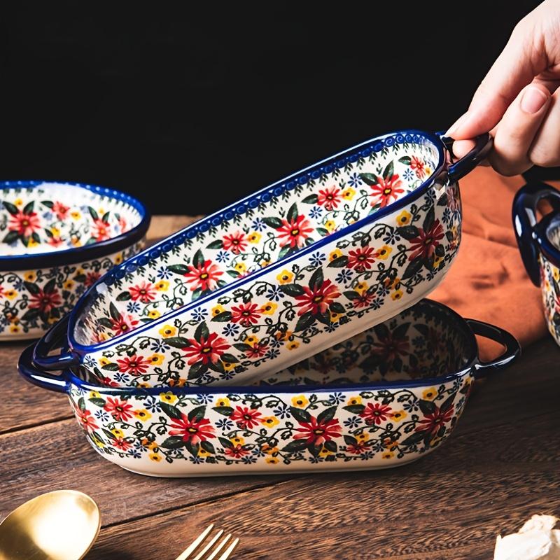 Handmade Polish Ceramic Bowl Retro Flower Design Baking Soup Bowl with Handles, Microwave Safe