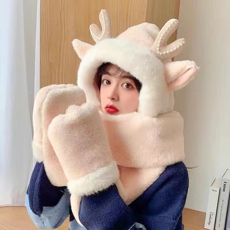 winter women's warm hat three-piece set hat scarf gloves in one set with cute cartoon antlers, perfect for Christmas gift