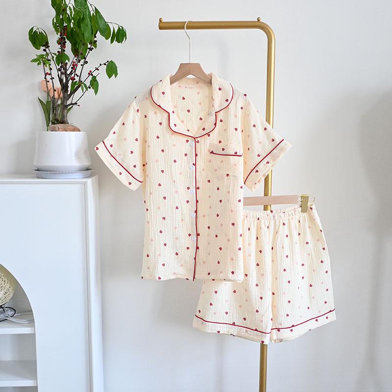 Damski letni zestaw piżamowy z czystej bawełny - Słodki, Przewiewny, Krótki rękaw i Szorty