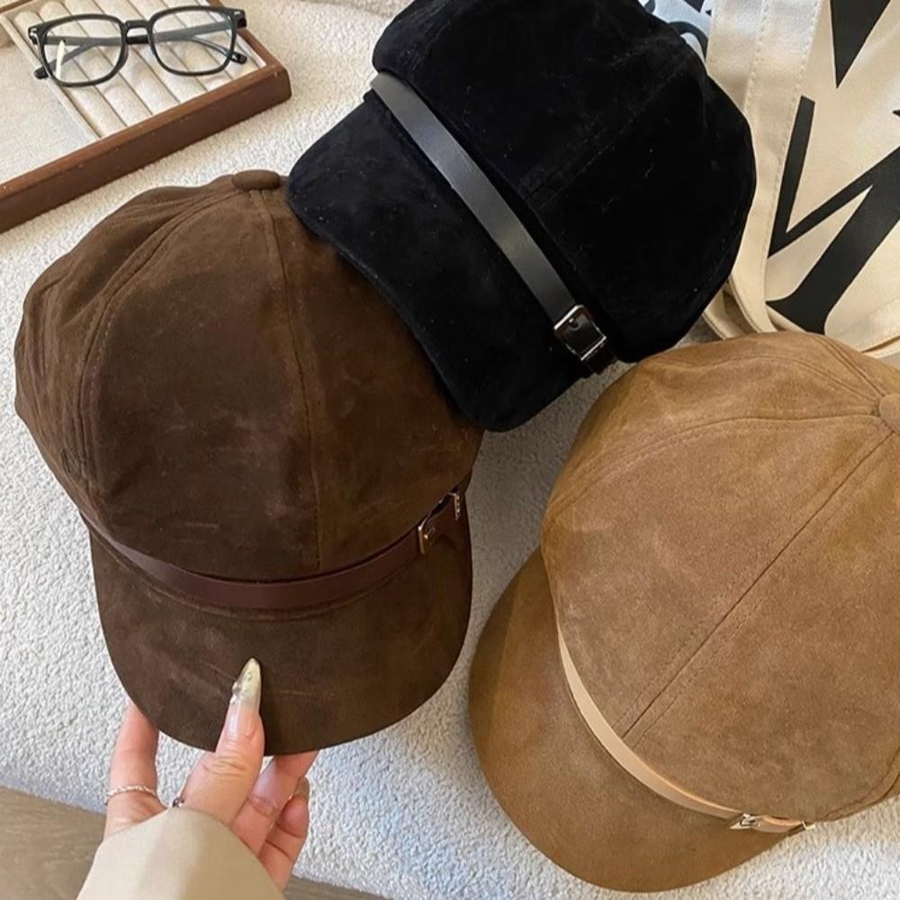 British Style Pu Leather Beret Belt Buckle Painter Hat Casual Suede Octagonal Hat  Autumn
