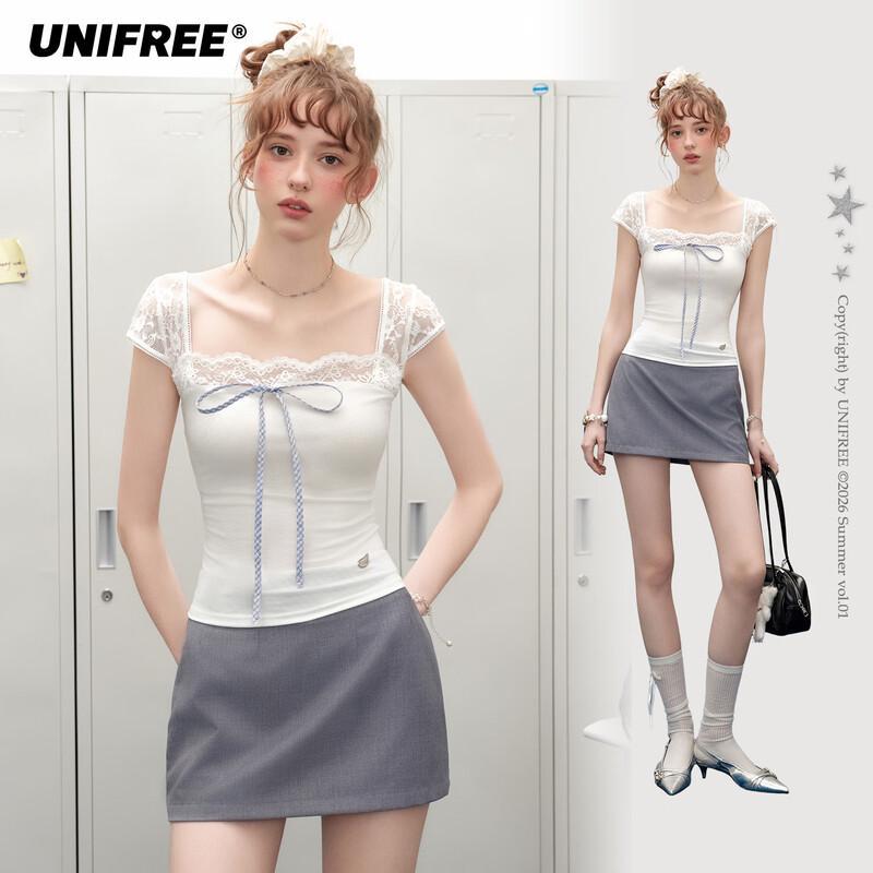 UNIFREE Spring Lace Patchwork Slim Fit T-shirt M