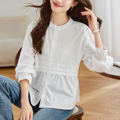 Design-sensory Pleated Round Neck Striped Long-sleeved Shirt for Women's Spring Clothes New Loose Slim Top