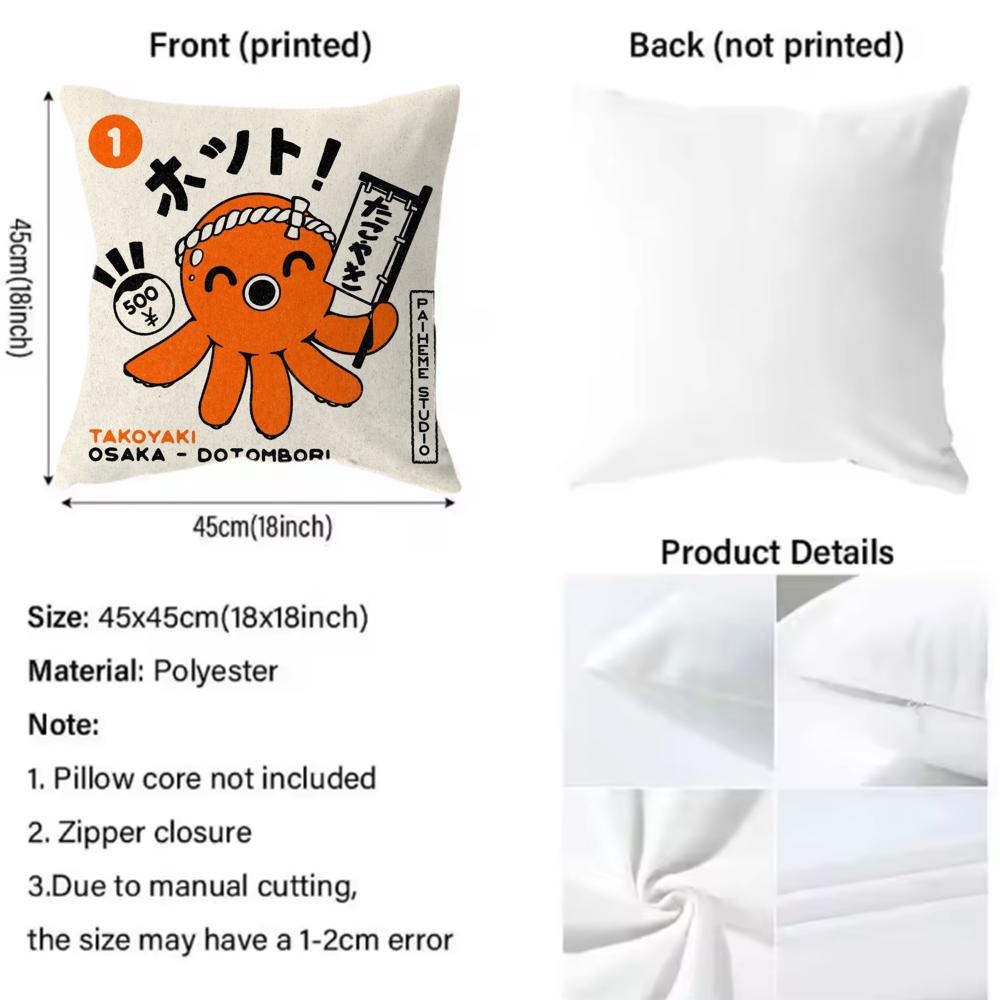 T-Takoyaki Japanese Food Cushion Cover Premium Comfort Reversible Pillow Cover - Dual - Use Design for Home & Car