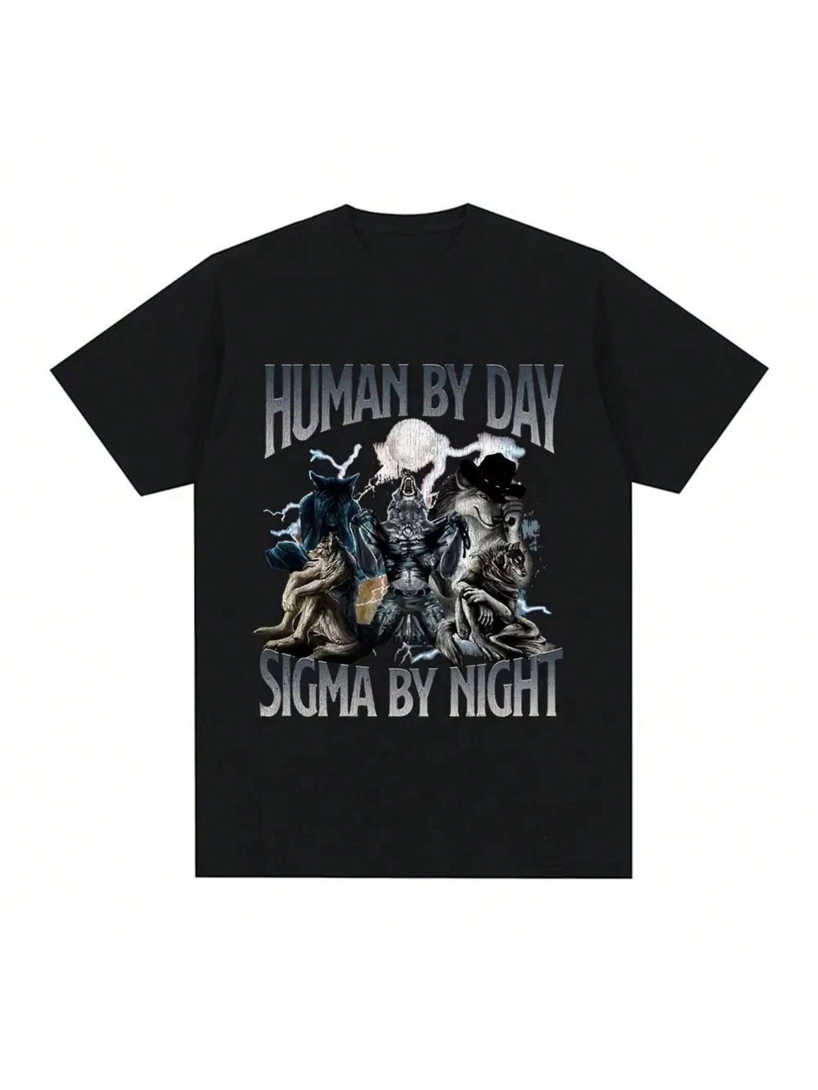 Human By Day Sigma By Night Funny Wolf Graphic T Shirt Men Women Cotton Short Sleeve Oversized T-Shirts Summer Streetwear Tops S разноцветный