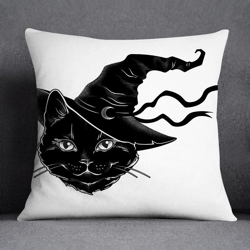 Vintage Dark Gothic Black Cat Throw Pillow Cushion Cover Witch Moon Pumpkin Case Home Sofa Decor Autumn Party Gift Peach Skin