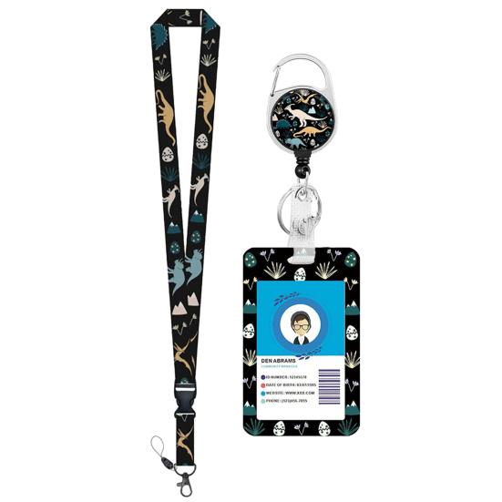 

1 Set Badge Holder Double Sided Dinosaur Print with Retractable Reel Clip Hanging Lanyard Office ID Card Holder Sets
